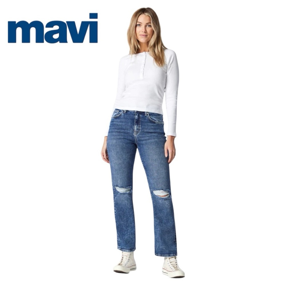 NWT Mavi Blue High Rise Straight Leg Distressed Jeans